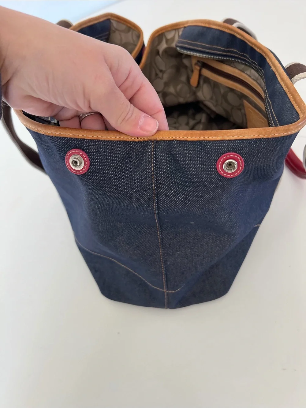 Coach Vintage Y2K Denim Varsity Stripe Large Denim Tote Bag Leather Trim 3K-7544